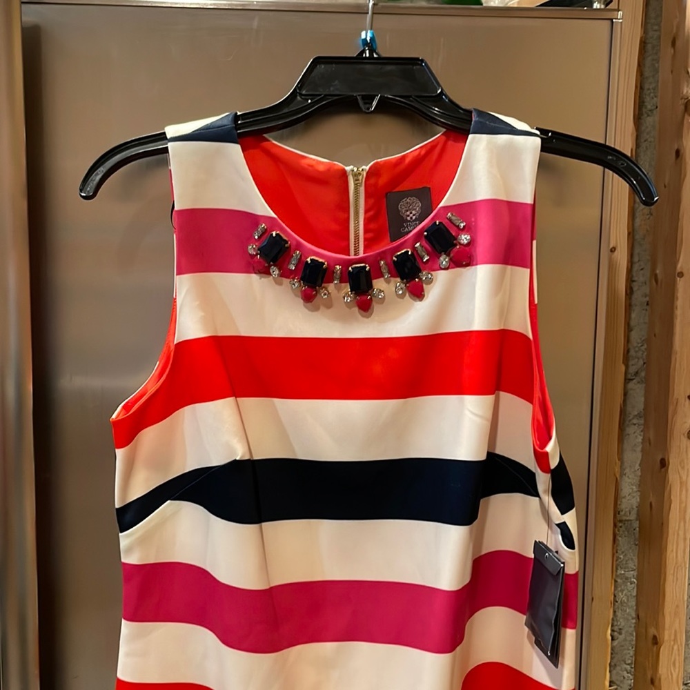 Vince camuto striped dress with beaded neckline
